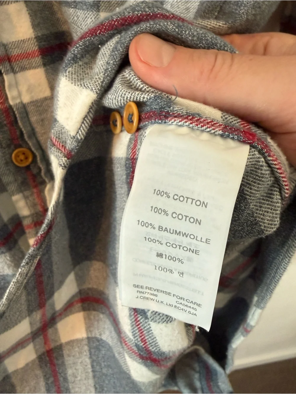 J. Crew Flannel Grey, White with Red Accents. Men’s Small